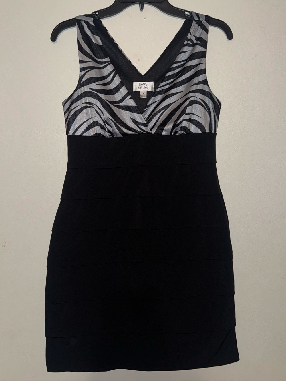 Sweet Storm Black and Gray Zebra-Print V-Neck Mini Dress